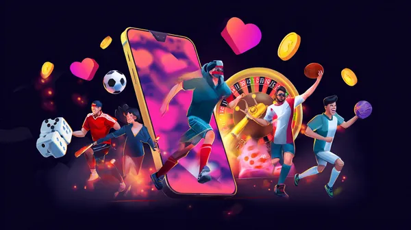 A young woman relaxing with her phone while dynamic casino elements float around her, illustrating the smooth mobile experience offered by the AH99 app.