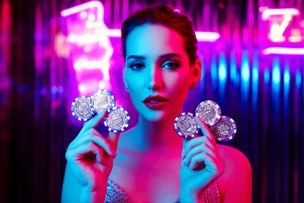 A stylish woman beside vibrant slot machines displaying glowing sevens, showcasing the variety of top slots at AH99.